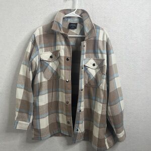 HFX Plaid Snap Button Shacket Jacket Beige Blue Medium